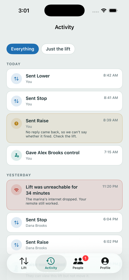 The activity log, showing commands sent, one with no reply back, and a note that the lift was unreachable for 34 minutes while the remote still worked.
