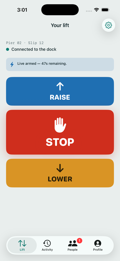 The DockLift control screen: the slip name, a connection status, and three stacked buttons — Raise, a larger Stop, then Lower.