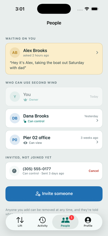 The people screen, showing who can control or view the lift, a pending request, and an invitation that hasn't been accepted.