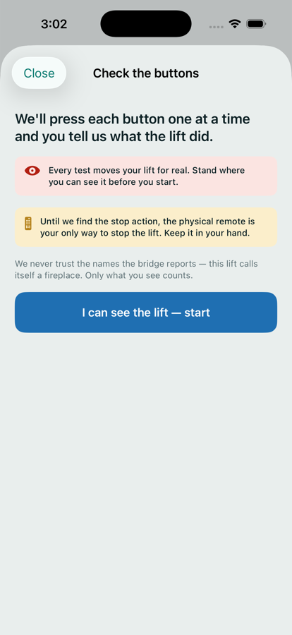The button check screen, warning that every test moves the lift for real and that the bridge reports this lift as a fireplace.